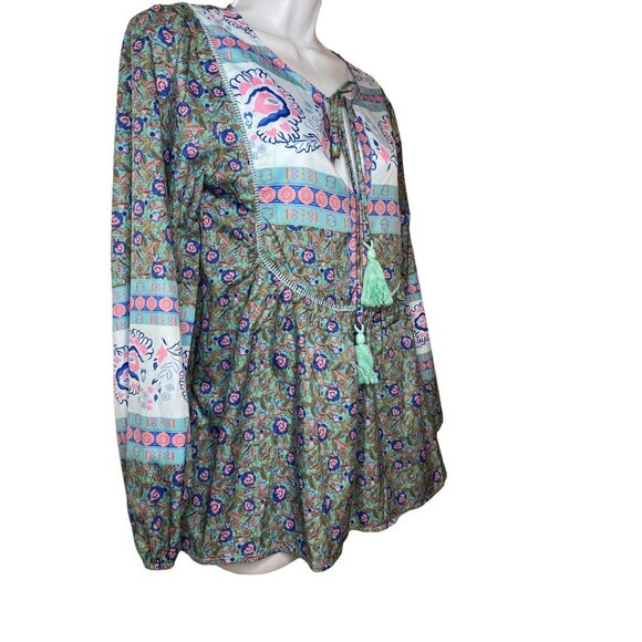 Misslook Womens Boho Top Blue Floral Chiffon Tie V Neck Pullover Sz Small - Picture 2 of 9